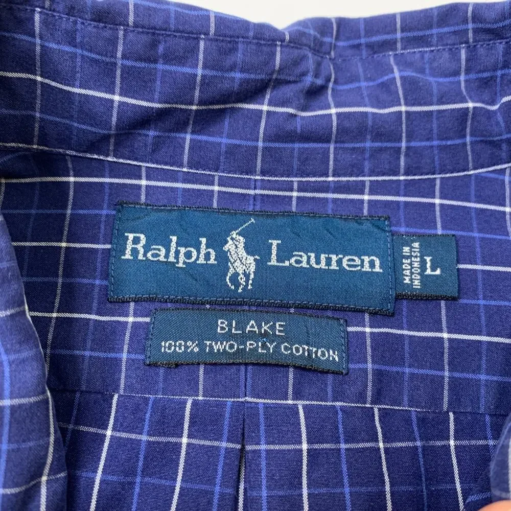 Vintage Ralph Lauren Shirt Men Large Blake Two-Ply Cotton Windowpane Button Down